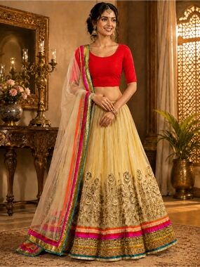Bollywood Style Indian Gold  Embroidered Lehenga Blouse Dupatta S/M/L